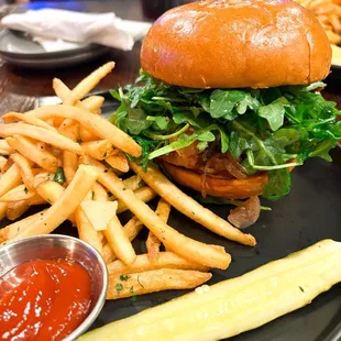 Portobello steak mushroom burger (vegetarian) with truffle fries