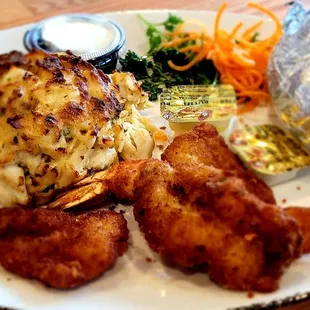 Jumbo lump crab cake with fried shrimp