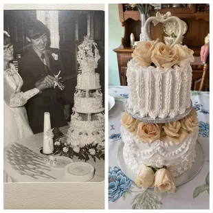 a bride and groom cutting their wedding cake