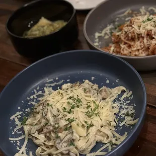 Mushroom linguine, spaghetti chorizo and butternut squash ravioli. All half sizes