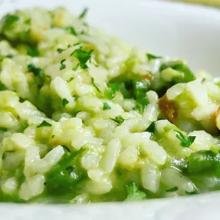 Risotto verde de espárragos y camarones