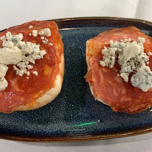 Cantimpalo, Spanish chorizo with tomato, and blue cheese.