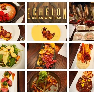 Olive oil cake, ingredients for corn chowder , kale salad, steak, corn chowder, charcuterie, pork belly, wine flight, scallops, toffee cake