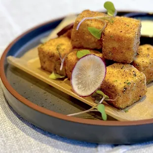 Complimentary Fried Tofu w/ salt + pepper seasoning, wasabi mayo
