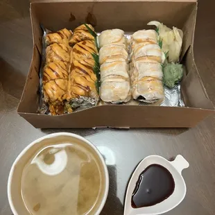 Flaming Roaring Tiger Roll, Snow Princess Roll, Miso Soup