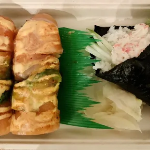 Fire Salmon Roll + imitation crab handroll (free surprise!)