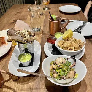 Octopus, Portobello Mushroom Fries and Fried Calamari sides.