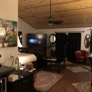 View from the entrance of the carriage house. Such a beautiful and spacious room!