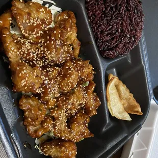 a plate of food with rice and meat