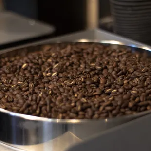 a pan of coffee beans