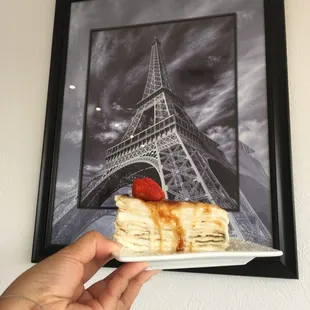 Side shot of the creme brulee crepe cake