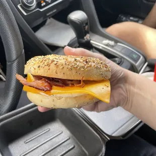 Bacon egg and cheddar on everything bagel
