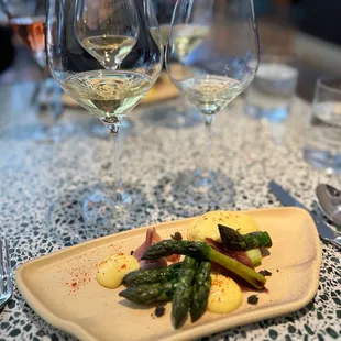 Barrel Fermented Chardonnay paired with a delicious asparagus &amp; hollandaise sauce.