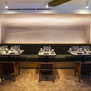 Hand drawn mural of an Eco Terreno Sonoma County vineyard in the Eco Terreno Urban Tasting Room.