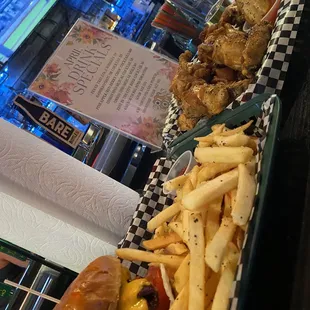 BBQ bacon burger and naked wings