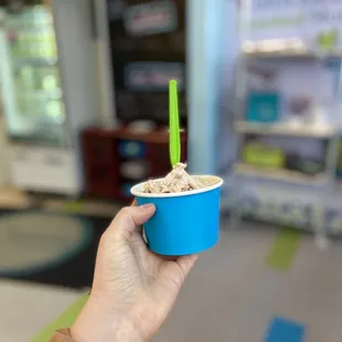 a hand holding a cup of ice cream