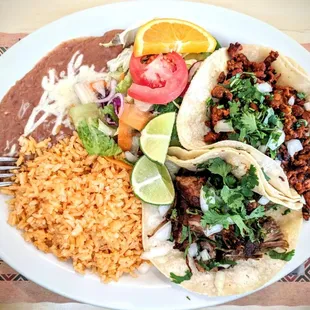 2 Tacos with rice and beans