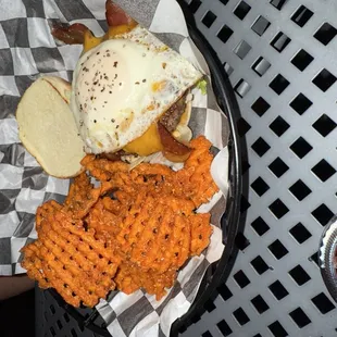 Breakfast Burger with Sweet Potato Fries