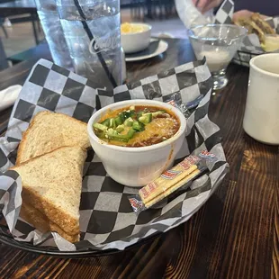 Chili fortified with Jalapeño and grilled cheese sandwich.
