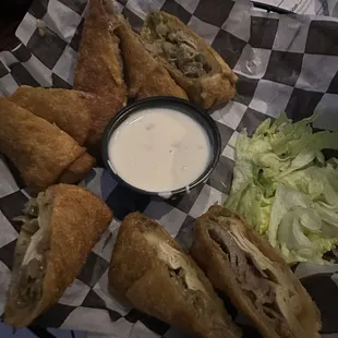 Philly cheese steak egg rolls