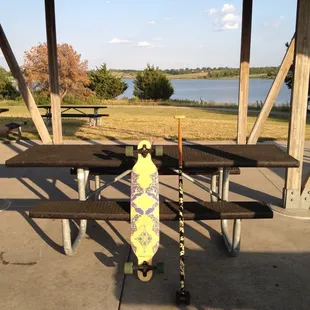 My skateboard with a beautiful view of the water. This is how I center myself.