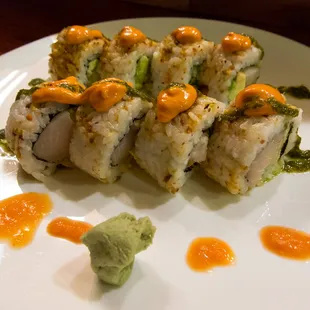 Hamachi Roll (Japanese &apos;yellowtail&apos;) with habanero sauce on top. Although it was not on the menu, the master chef fixed it for me, thanks!