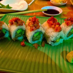 Cabo Wabo - salmon, avocado, jalapeno, Thai chilli, fried wonton with fresh salsa. Very good!