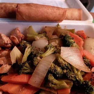 Chicken, veggies, and spring rolls