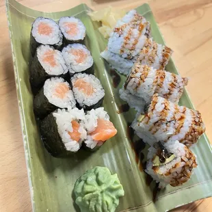Salmon roll (right) and eel roll (left)