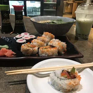 texas roll, tuna roll, miso ramen &amp; honeydew boba!  the gyoza was awesome! everything is wonderful, delicious!
