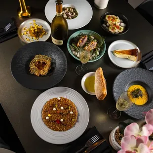 a table with a variety of dishes