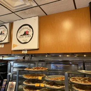 pizzas on display