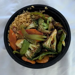 Shrimp with lobster sauce on roasted pork fried rice