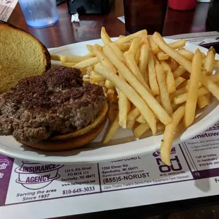 Hamburger and fries.