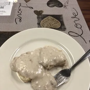 One biscuit with sausage gravy