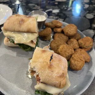Grilled Chicken Avocado Club Sandwich and Fried Pickles