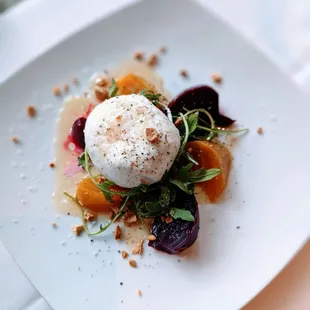 Burrata and beet salad with truffle honey and cherry vinaigrette