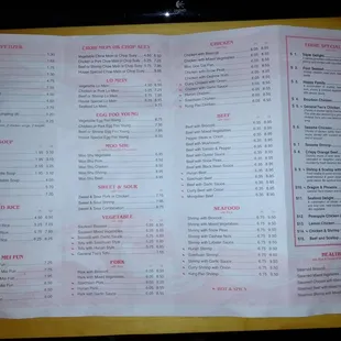 the menu of the restaurant