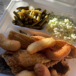 Flounder and hush puppies.