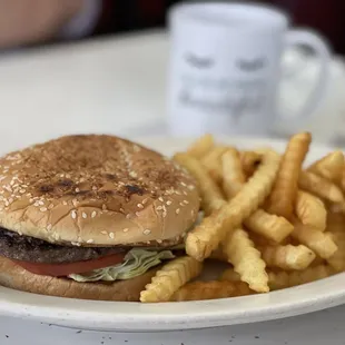 a hamburger and french fries