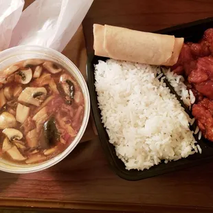 General Tso&apos;s chicken served with rice, egg roll, plus hot and sour soup. Convenient, simple, quick.