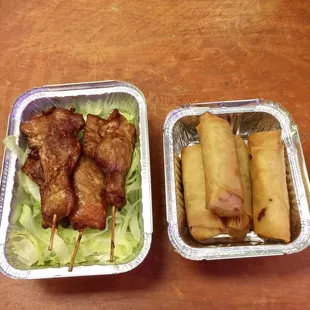 Chicken on Chicken on Stick (4) and Spring Roll (2)