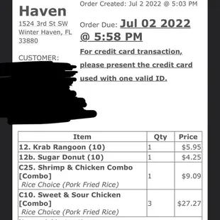 a receipt for a restaurant