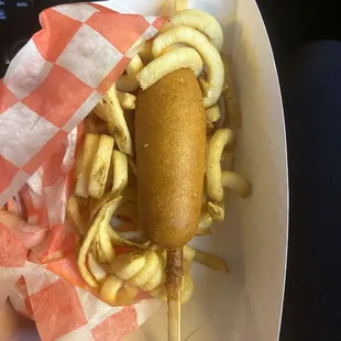 Kids corn dog. It comes with fries, fruit snacks and a drink!