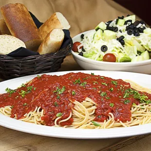 Spaghetti Marinara Platter with Fresh Baked Bread and House Salad