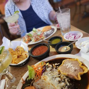 a plate of food and drinks