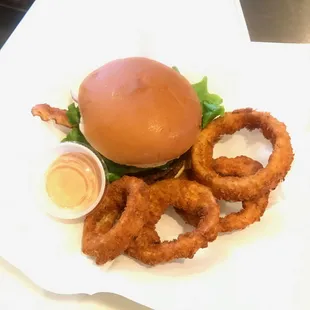Double bacon cheeseburger with a side of fresh onion rings! (Homemade by us)