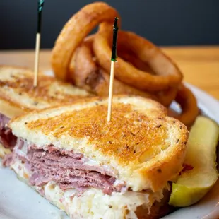 a reuben sandwich and onion rings