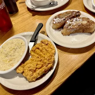 Ciabatta French Toast, Fried Chicken and Parmesan Grits.