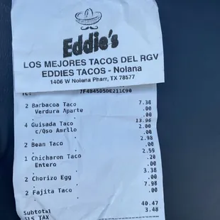 a receipt for the restaurant